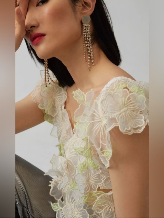 Anthropologie Tops - ANTHROPOLOGIE Cropped 3D Floral Appliqué Sheer Blouse Cream Green Medium NWT